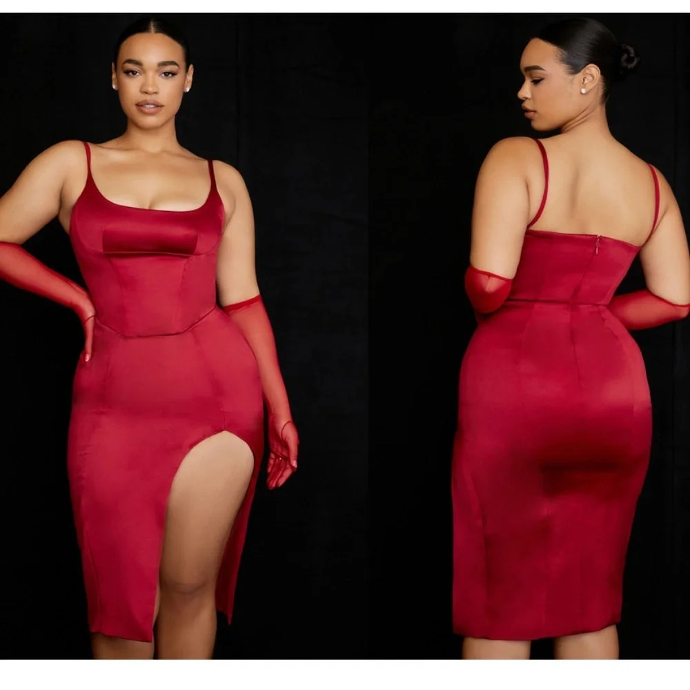 HOUSE OF CB XL  'Casimira' Wine Satin Corset Midi Dress NWOT - Picture 3 of 17